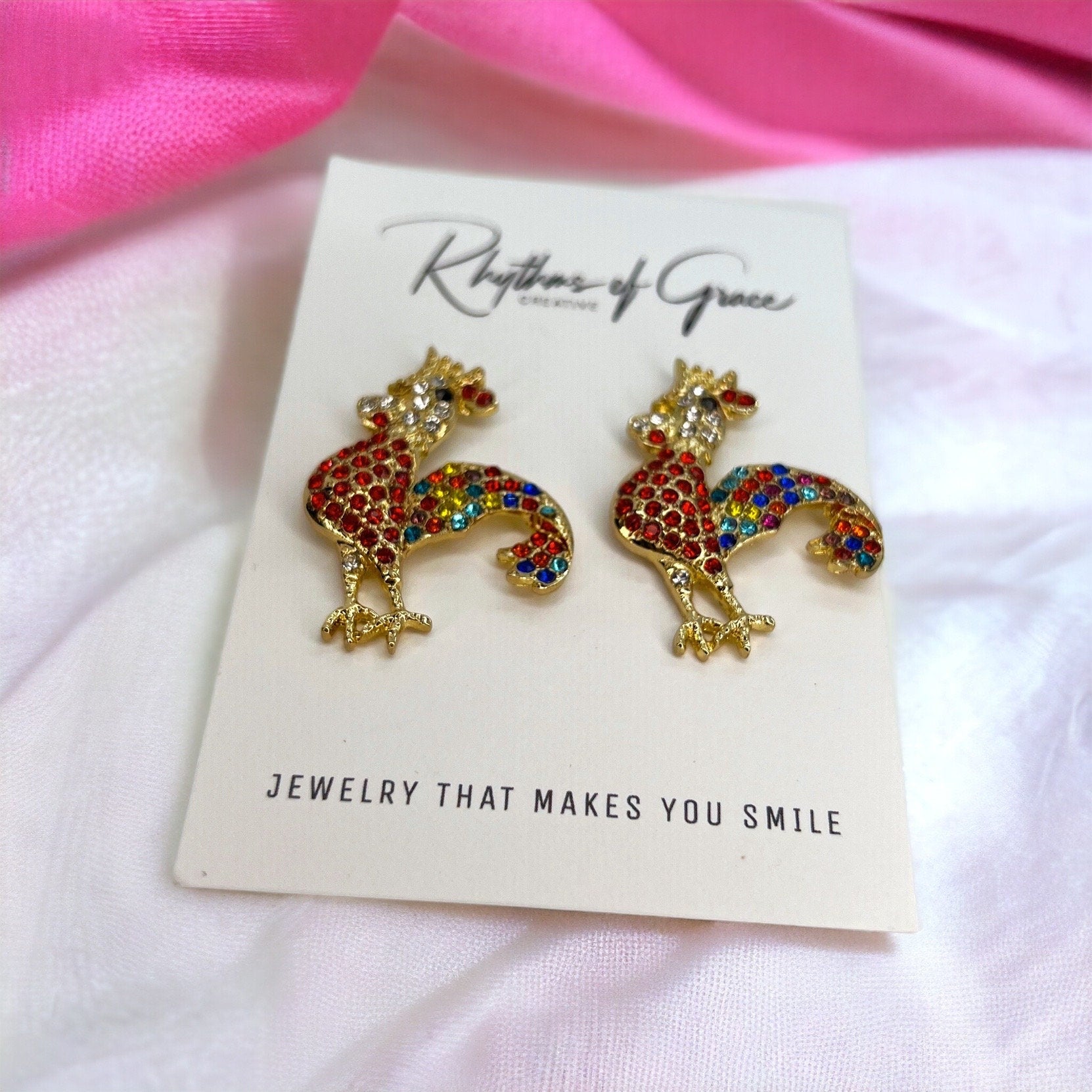 Rooster Earrings - Rooster Jewelry, Handmade Earrings, Handmade Jewelry, Animal Earrings, Animal Jewelry, Rhinestone Rooster, Rainbow