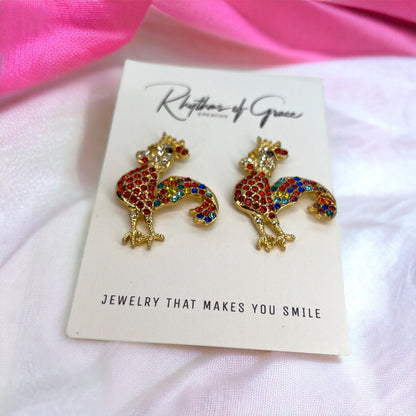 Rooster Earrings - Rooster Jewelry, Handmade Earrings, Handmade Jewelry, Animal Earrings, Animal Jewelry, Rhinestone Rooster, Rainbow