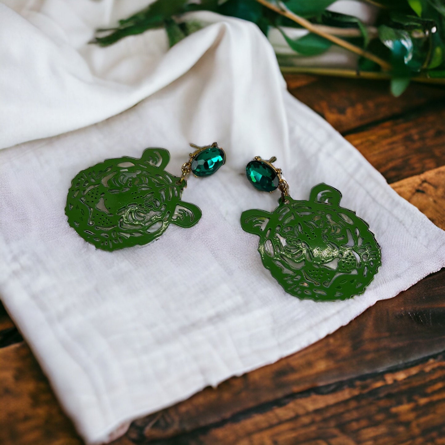 Tiger Earrings - Tiger Jewelry, Handmade Earrings, Handmade Jewelry, Animal Earrings, Tiger Football, Animal Jewelry, Green Earrings