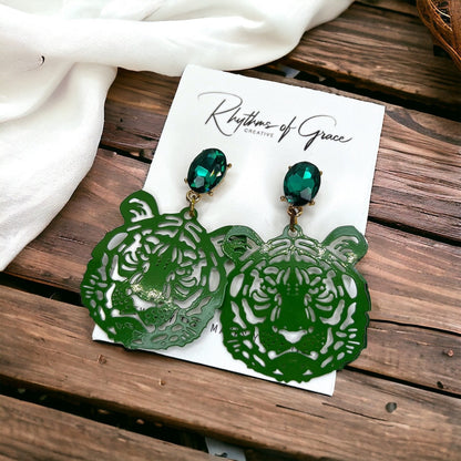 Tiger Earrings - Tiger Jewelry, Handmade Earrings, Handmade Jewelry, Animal Earrings, Tiger Football, Animal Jewelry, Green Earrings
