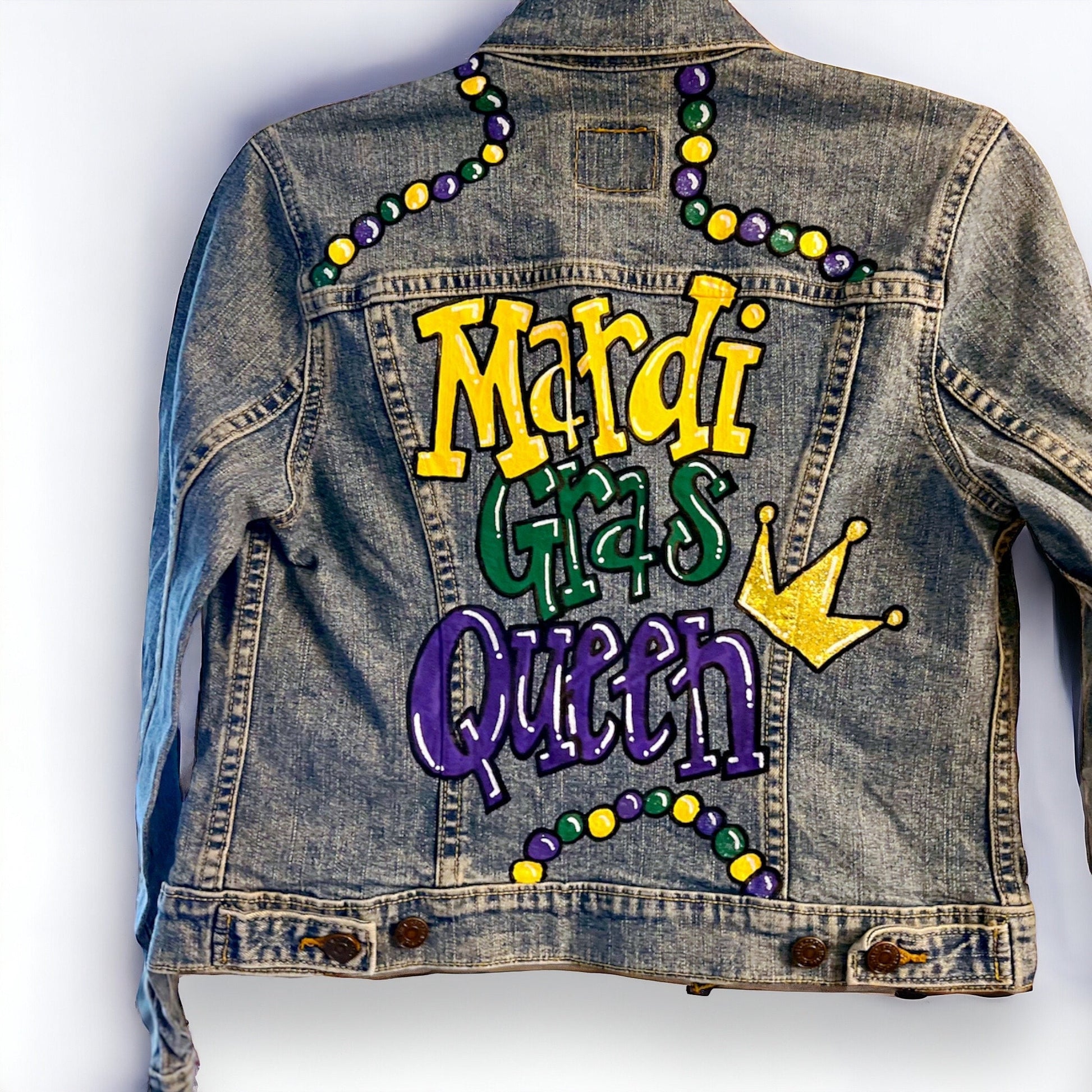 Hand Painted Mardi Gras Jean Jacket - Mardi Gras, Painted Jean Jacket, New Orleans, NOLA, Purple Green Gold, Mardi Gras, Parade Outfit
