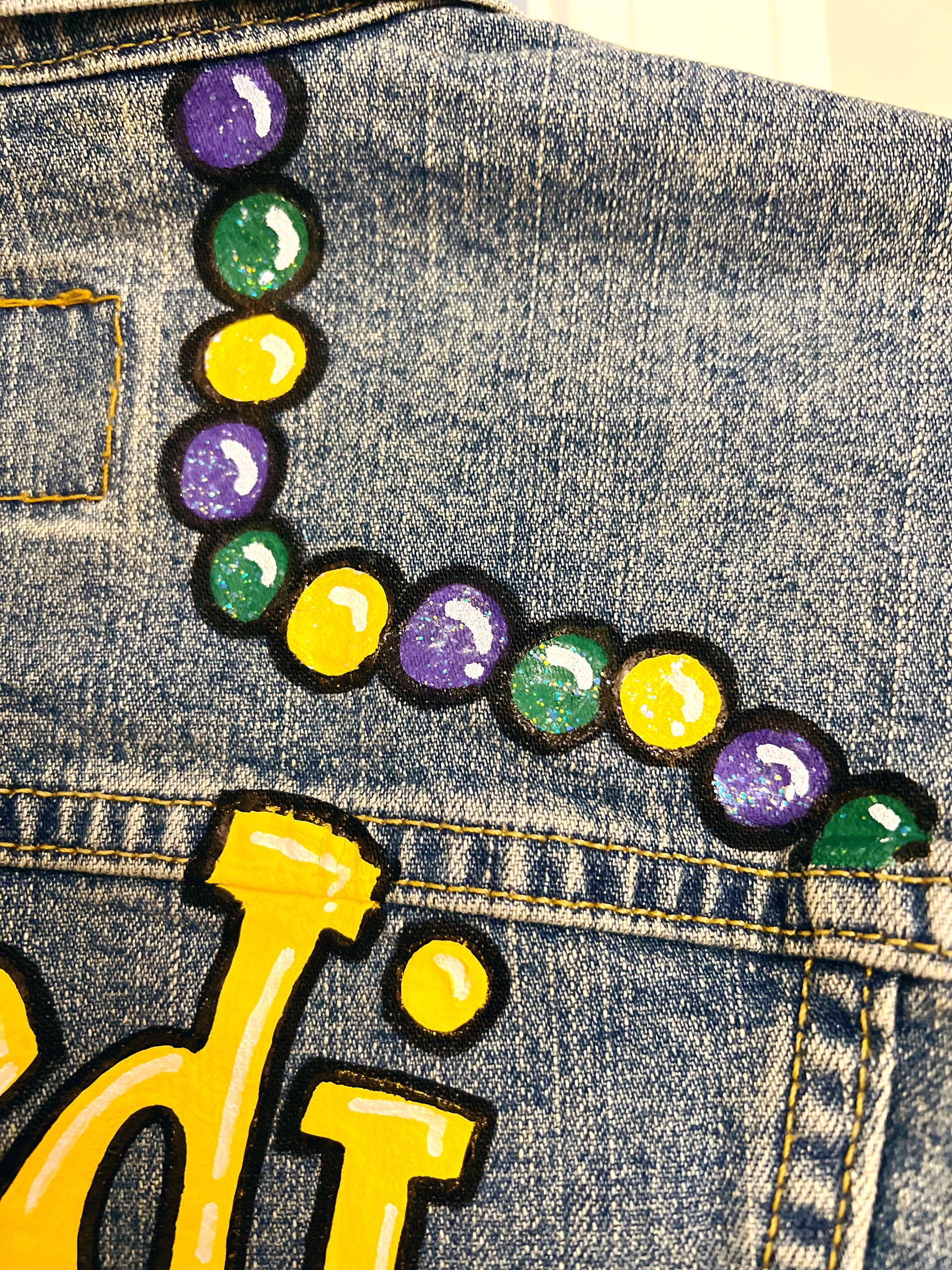 Hand Painted Mardi Gras Jean Jacket - Mardi Gras, Painted Jean Jacket, New Orleans, NOLA, Purple Green Gold, Mardi Gras, Parade Outfit
