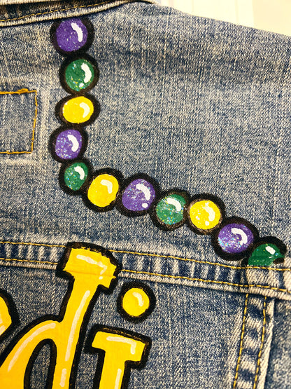Hand Painted Mardi Gras Jean Jacket - Mardi Gras, Painted Jean Jacket, New Orleans, NOLA, Purple Green Gold, Mardi Gras, Parade Outfit