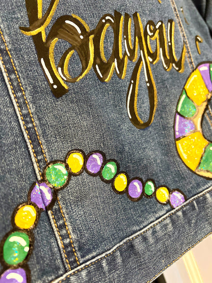 Mardi Gras Jean Hand Painted Jacket, Mardi Gras, Painted Jean Jacket, New Orleans, Bayou Boujee, Purple Green Gold, Parade Outfit, Cajun