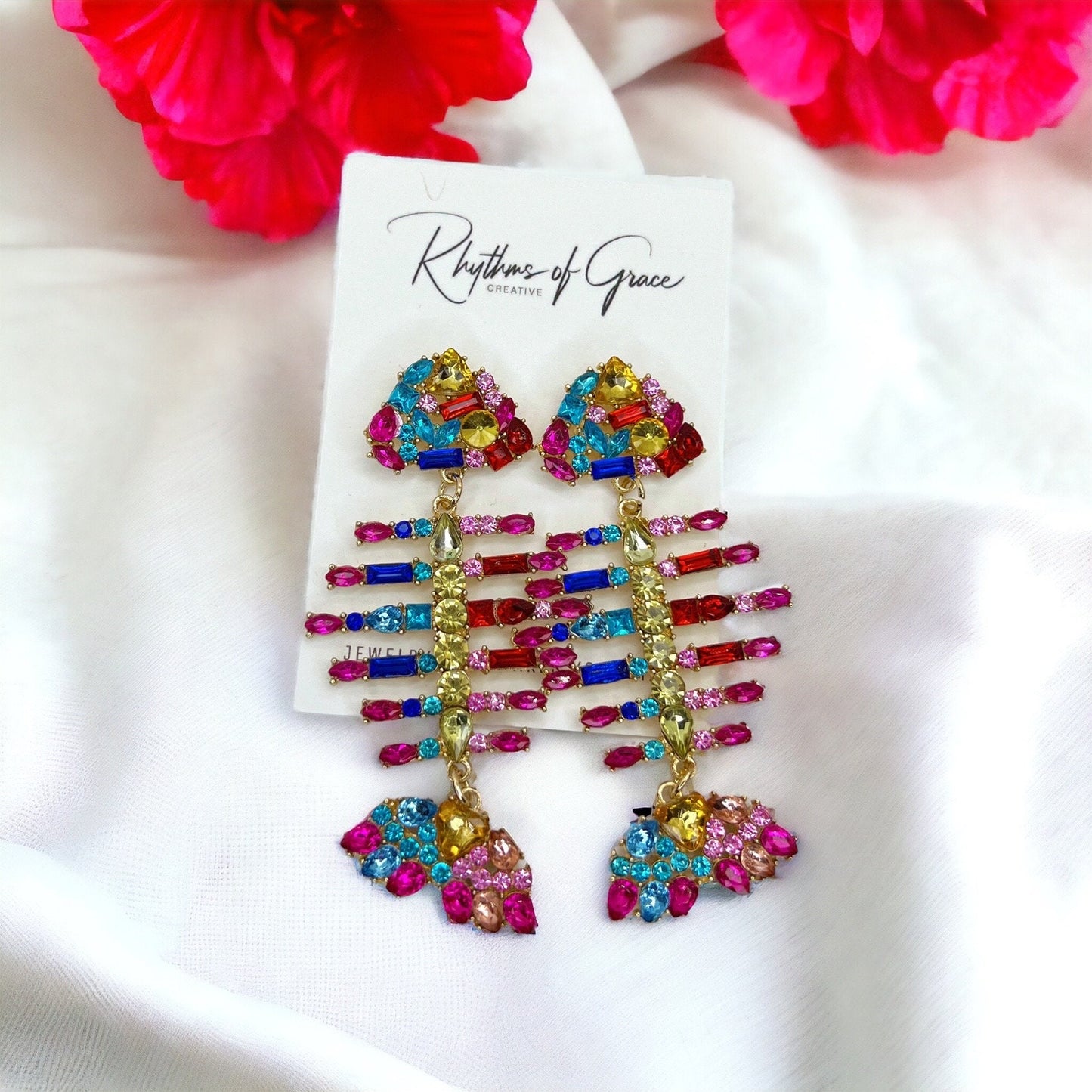 Rhinestone Fish Earrings - Fishbone Earrings, Fishbone Jewelry, Fish Jewelry, Rainbow Earrings, Rainbow Accessories, Fishbones, Rhinestones