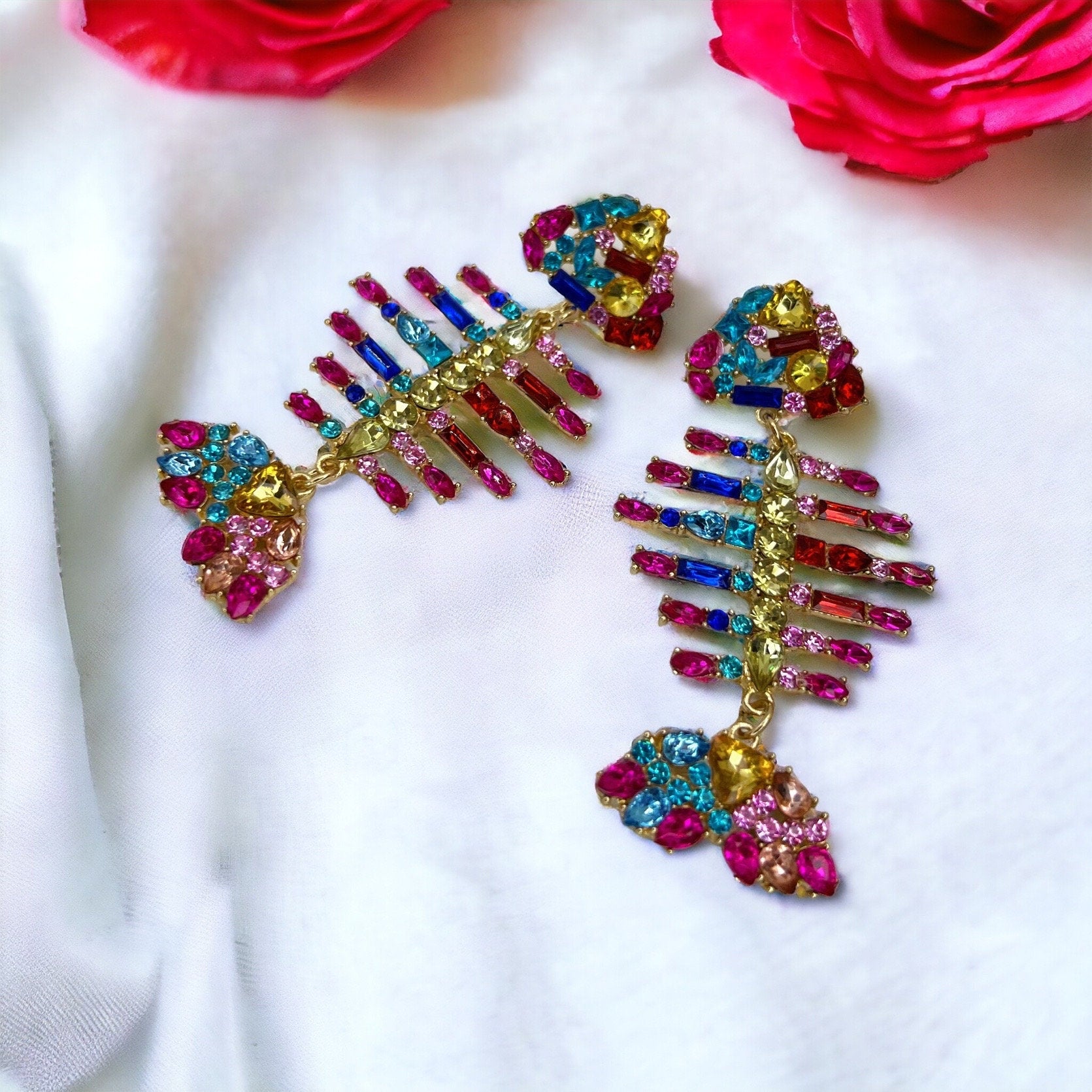 Rhinestone Fish Earrings - Fishbone Earrings, Fishbone Jewelry, Fish Jewelry, Rainbow Earrings, Rainbow Accessories, Fishbones, Rhinestones