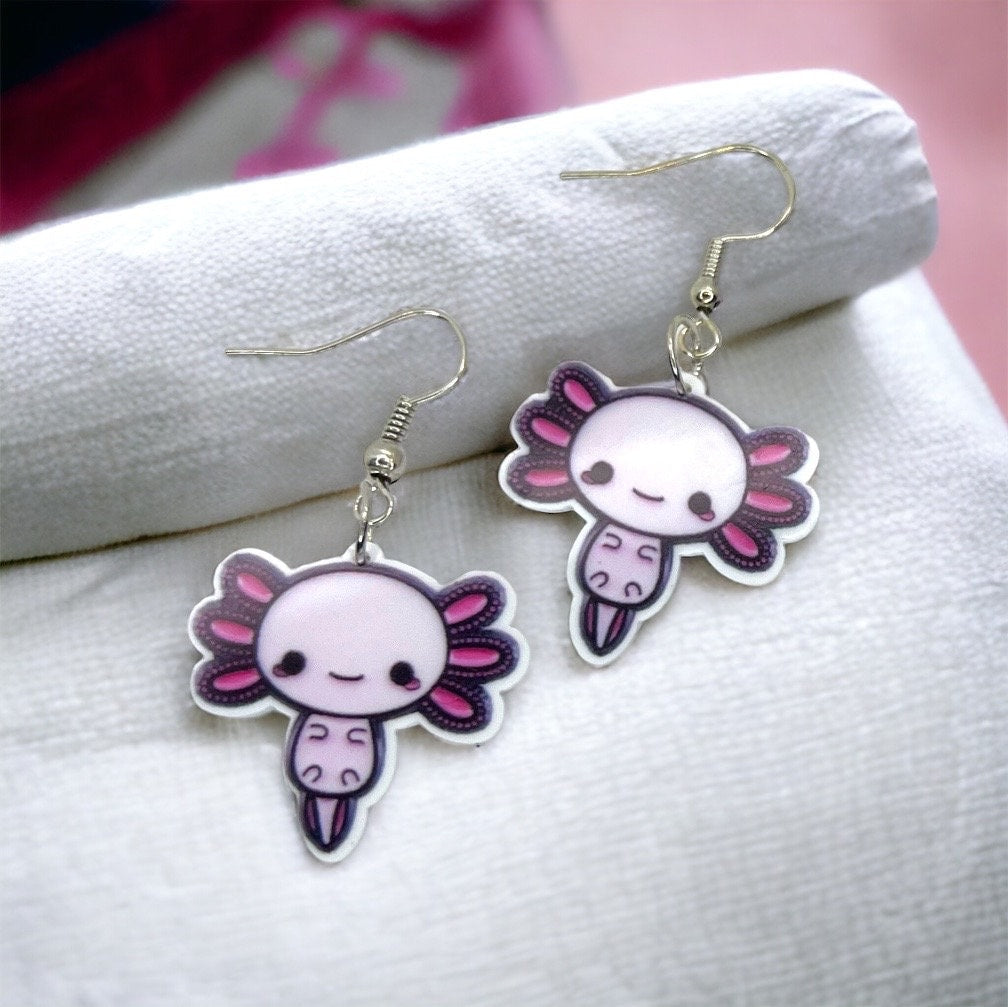 Axolotl Earrings - Axolotl Jewelry, Handmade Earrings, Handmade Jewelry, Animal Earrings, Animal Jewelry, Ocean Animals, Pink Axolotl, Sweet