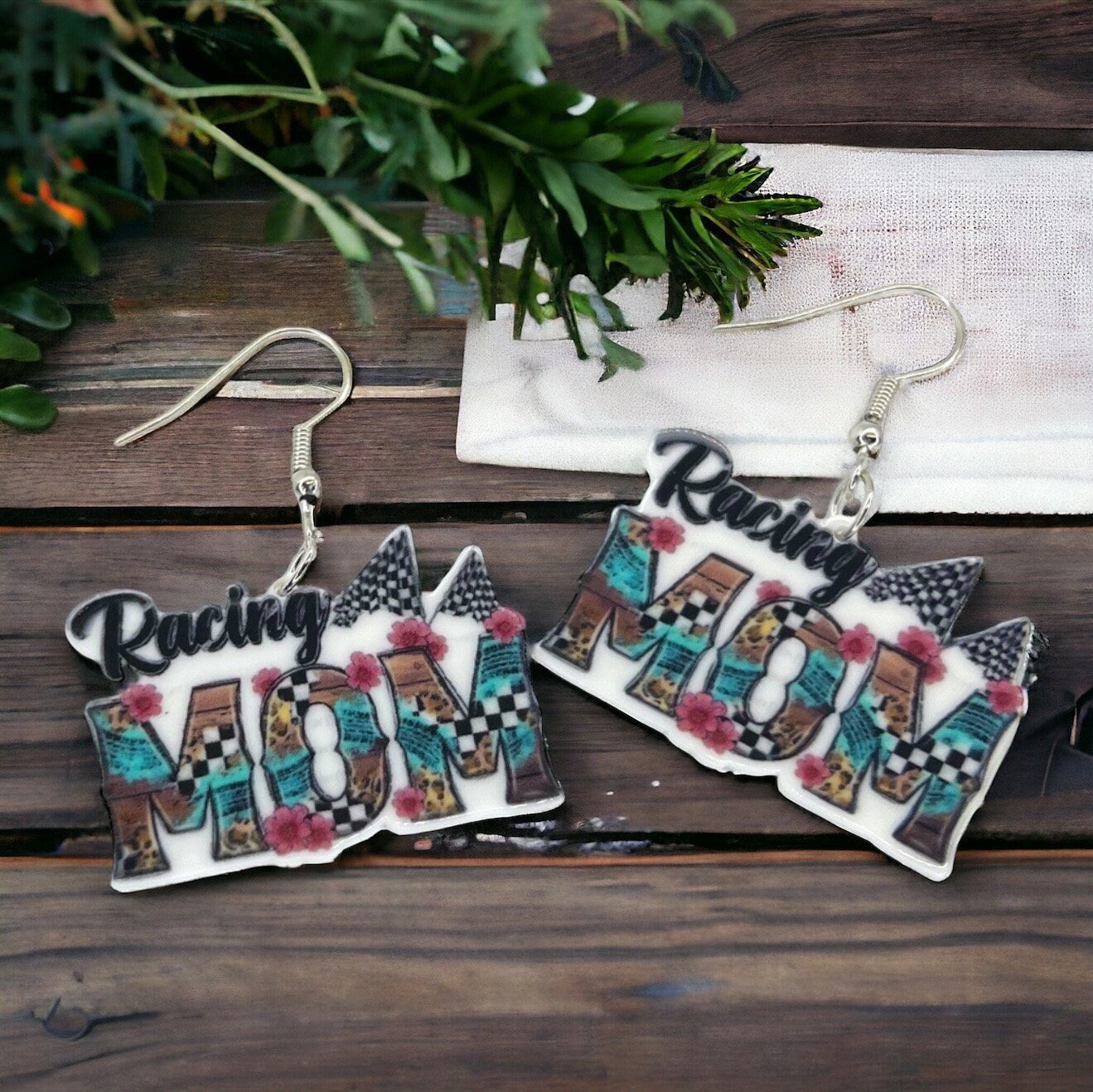 Racing Mom Earrings - Handmade Earrings, Baby Shower, Mother’s Day, Mom Earrings, Momma Earrings, #MomLife, Racing Car, Race Car Driver