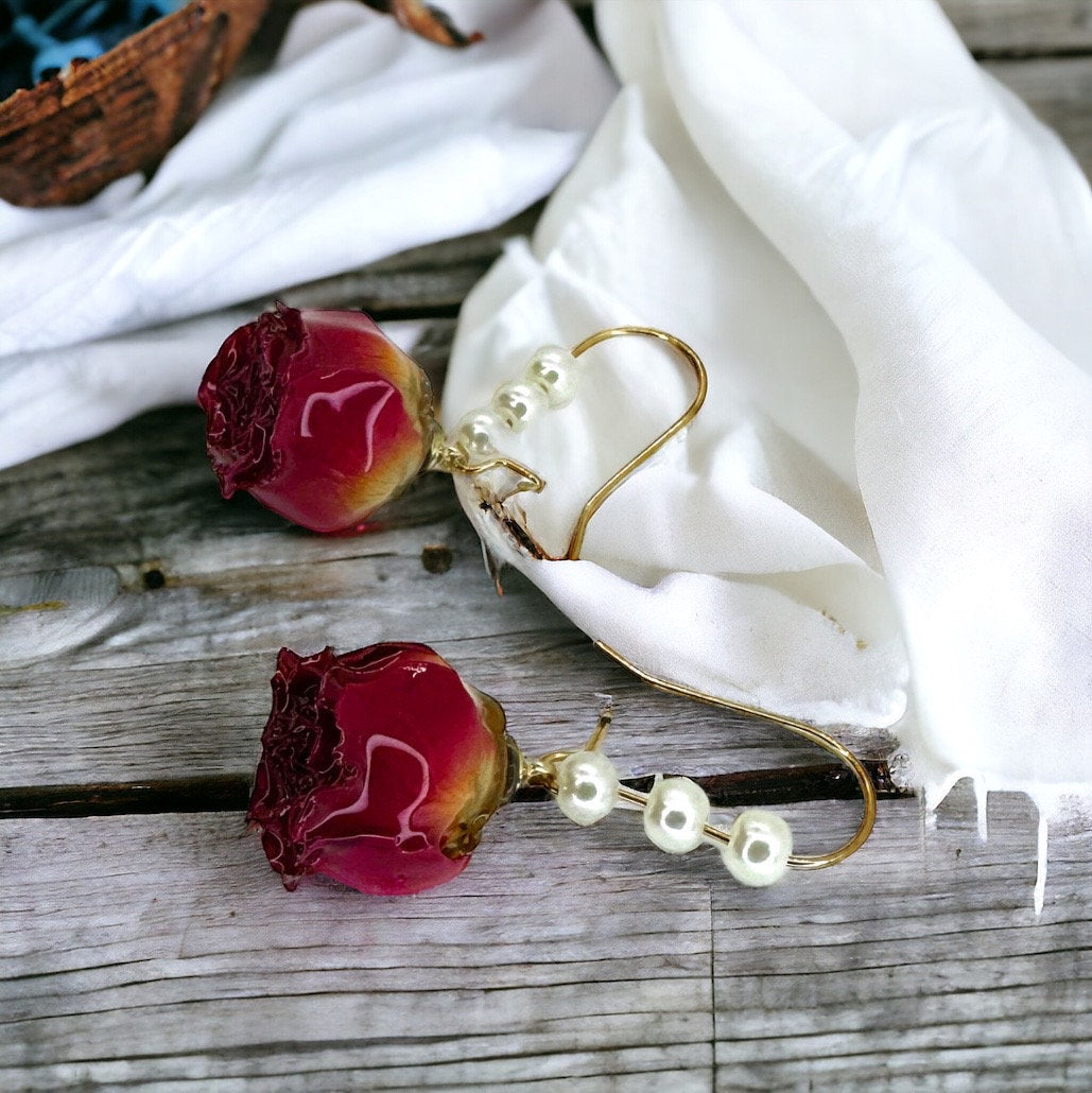 Dried Rose Earrings - Deied Flowers, Easter Earrings, Handmade Earrings, Dried Flower Earrings, Dried Flower Jewelry, Floral Accessories